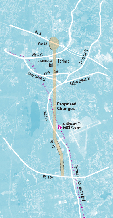 Map showing the Route 18 Capacity Improvements project in Weymouth from Highland Place to Route 139.